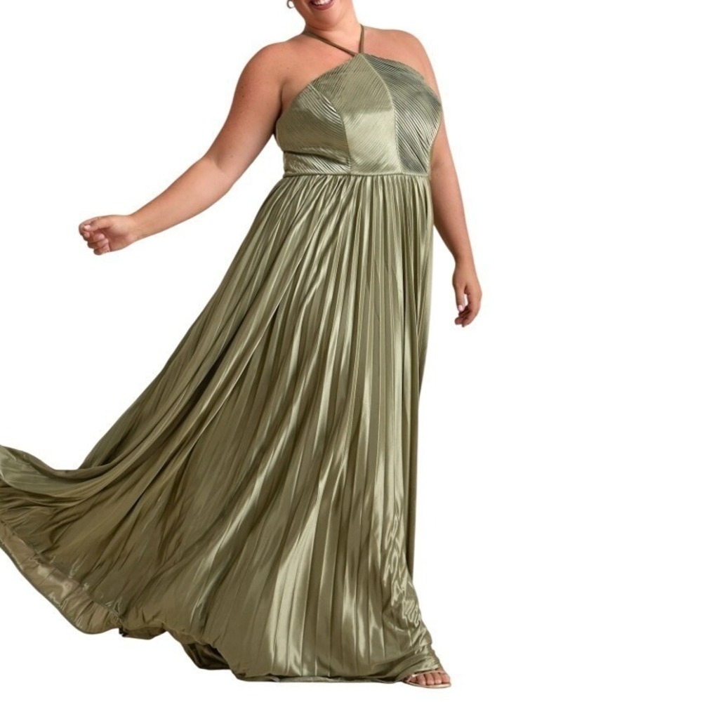 NWT Lulus Elaborate Charm Olive Green Satin Pleated Halter Maxi Dress 2X Formal